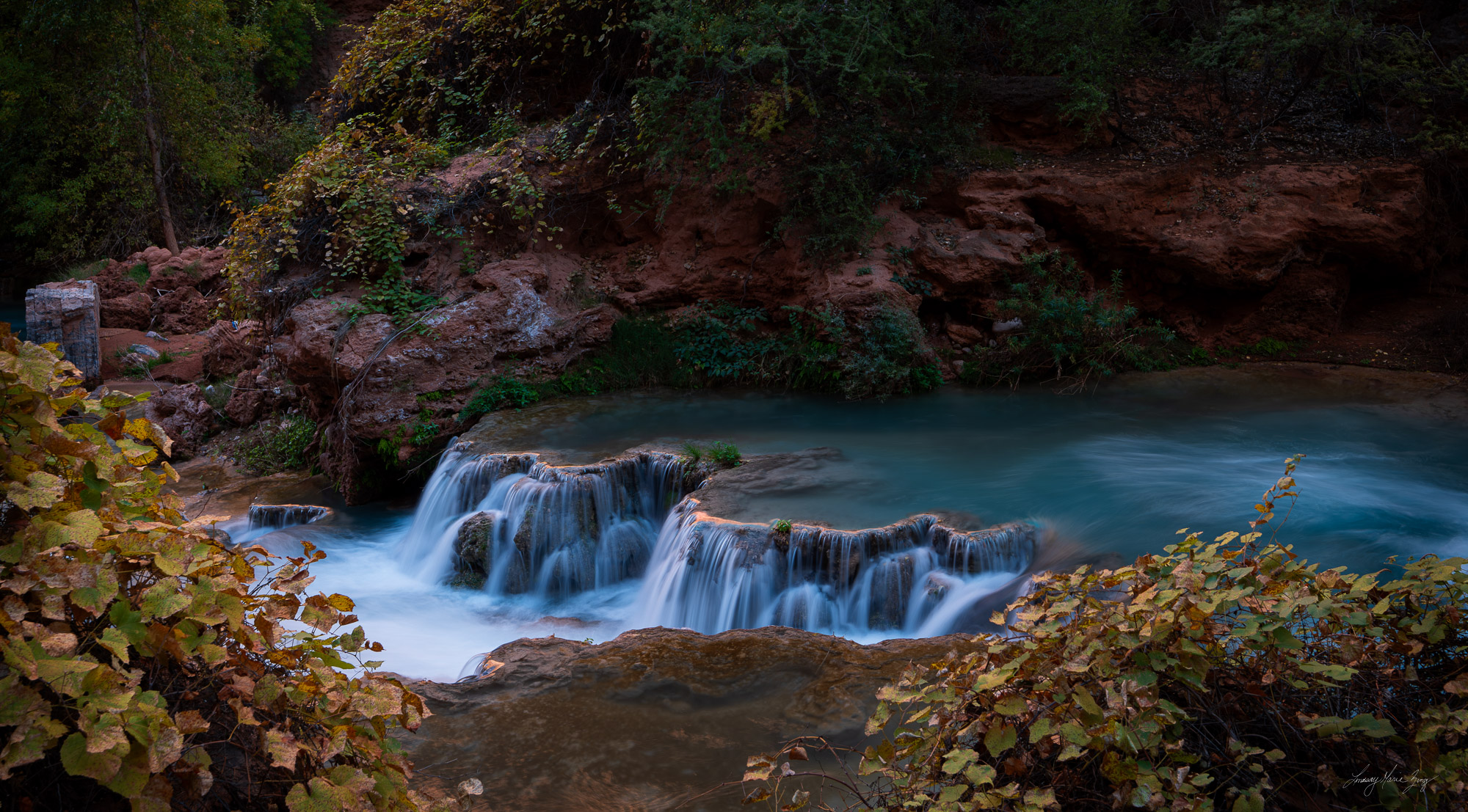 A small waterfall through Havasupai canyon is lit at its top rim with a delicate, orange, fiery light as fall changes the leaves of nearby bushes into a similar color.